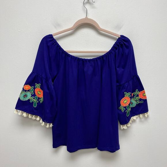 Umgee USA Womens Blue Embroidered Boho Tasseled Off The Shoulder Peasant Top S - Picture 4 of 8